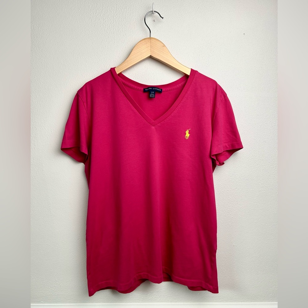 Ralph Lauren Sport T-Shirt Women’s Short Sleeve Pink Yellow Logo V-Neck Size L